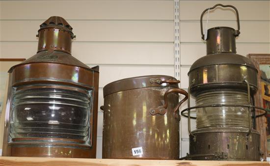 A Chinese lantern, Neptune Port lantern and a bronze pot and cover